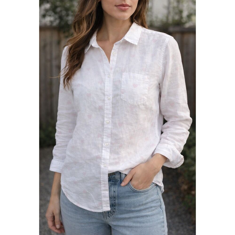 Frank & Eileen Heart Barry Shirt 100% Linen Blouse Size S White Pink Heart